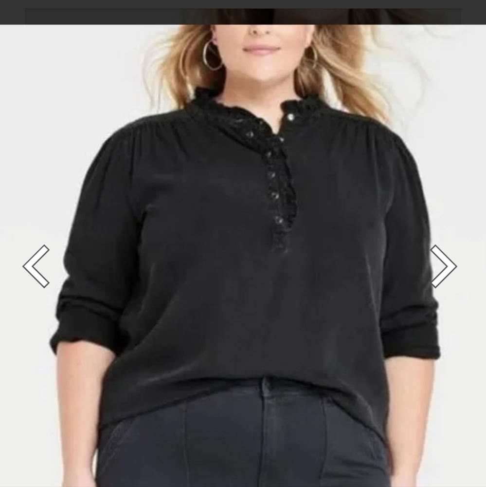 Knox Rose Henley Blouse Black Denim Long Sleeve Ruffle Neck Size M